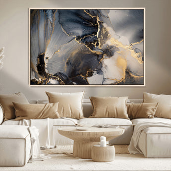 24068-MGV-CV-36X24-Luxury Abstract Wall Art – Gold & Gray Fluid Ink Painting Canvas, Modern Metallic Home Decor, Elegant Office or Living Room Accent