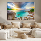 23769-MGV-CV-36X24-Tropical Beach Sunset Wall Art – Ocean Waves and Rocky Shore Canvas Print, Coastal Seascape Photography Decor
