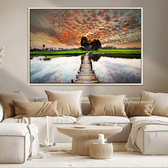 29105-MGV-CV-36X24-Rustic Wooden Bridge Wall Art – Scenic Sunset Over Rice Fields and Reflective Water Canvas Print, Nature Landscape Decor for