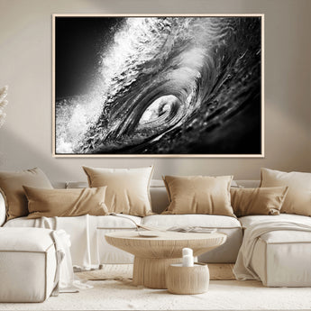 22702-MGV-CV-36X24-Black and White Ocean Wave Wall Art – Powerful Surf Curl Photography Canvas Print, Modern Coastal Decor for Living Room, Office or