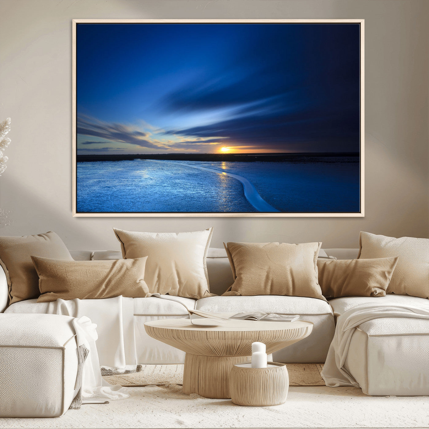 65405-MGV-CV-36X24-Blue Sunrise Seascape Wall Art – Tranquil Ocean Horizon Canvas Print with Golden Sunlight and Deep Sky, Coastal Landscape Decor