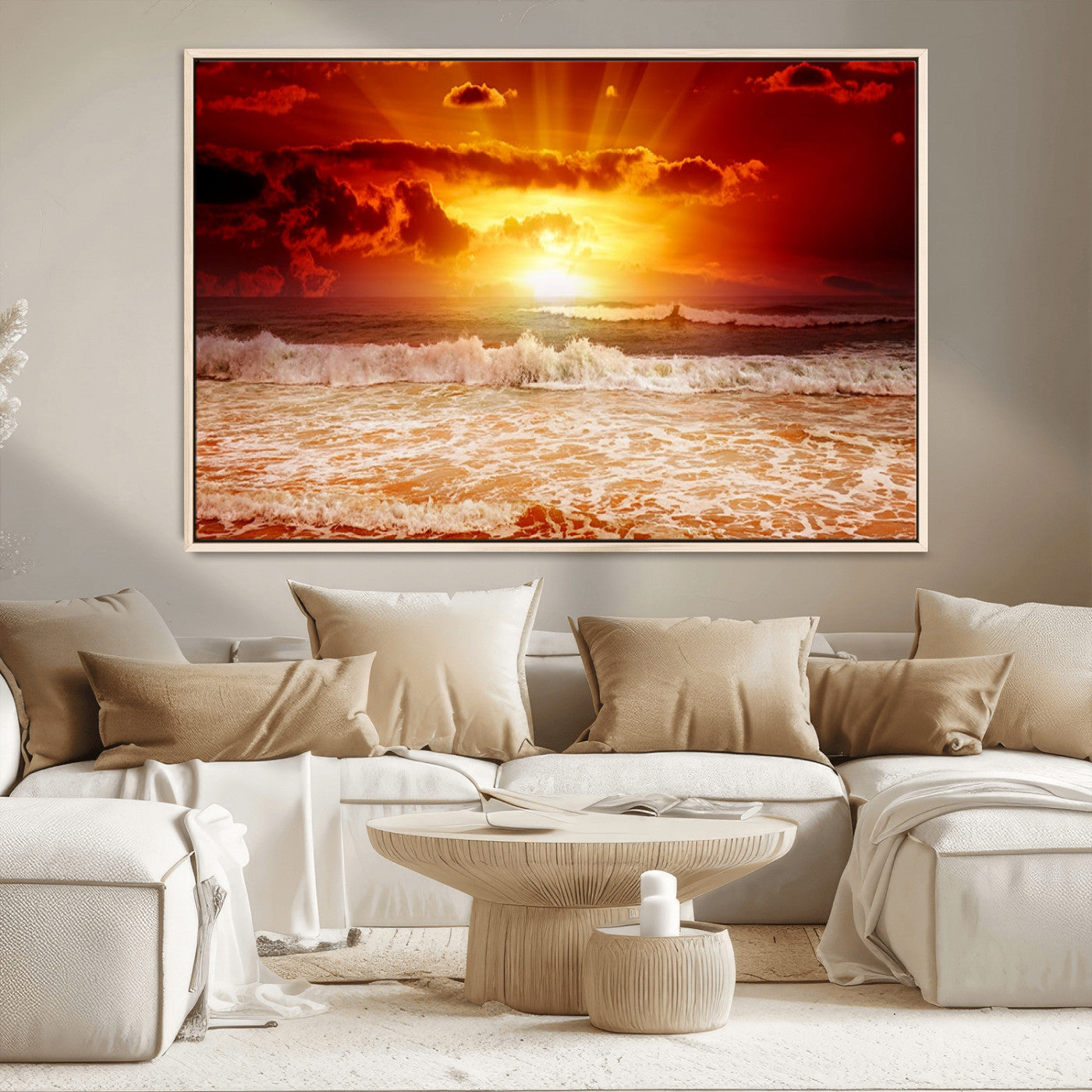 60211-MGV-CV-36X24-Fiery Sunset Ocean Waves Canvas Print – Vibrant Red & Orange Coastal Wall Art, Dramatic Seascape Decor