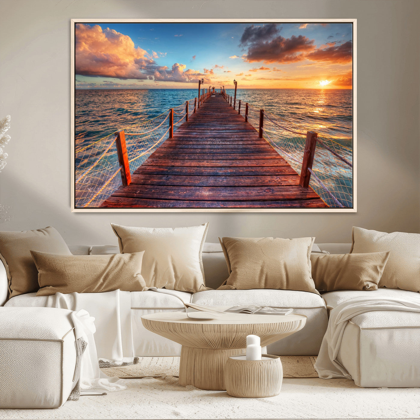 28836-MGV-CV-36X24-Ocean Pier Sunset Wall Art – Wooden Dock and Golden Horizon Canvas Print, Coastal Seascape Photography for Living Room, Bedroom,