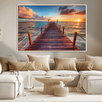 28836-MGV-CV-36X24-Ocean Pier Sunset Wall Art – Wooden Dock and Golden Horizon Canvas Print, Coastal Seascape Photography for Living Room, Bedroom,