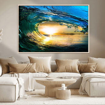 19378-MGV-CV-36X24-Ocean Wave Sunset Wall Art – Vibrant Surf and Golden Horizon Canvas Print, Coastal Seascape Photography for Living Room, Bedroom,