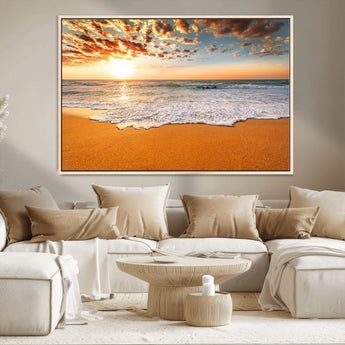 15399-MGV-CV-36X24-Golden Sunrise Beach Wall Art – Ocean Waves on Sandy Shore Canvas Print, Coastal Seascape Decor for Living Room or Bedroom
