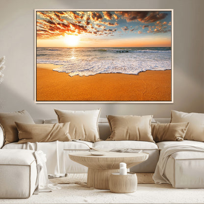 15399-MGV-CV-36X24-Golden Sunrise Beach Wall Art – Ocean Waves on Sandy Shore Canvas Print, Coastal Seascape Decor for Living Room or Bedroom