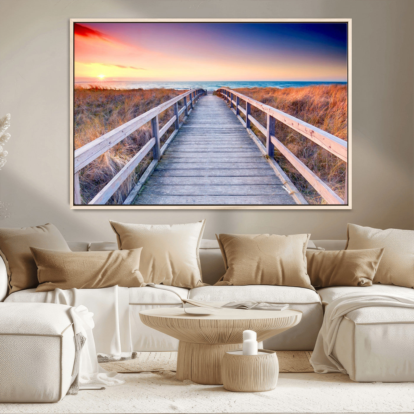 60625-MGV-CV-36X24-Beach Boardwalk Sunrise Wall Art – Coastal Pathway to Ocean Canvas Print, Seaside Landscape Decor for Home or Office