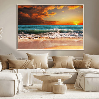 72948-MGV-CV-36X24-Ocean Sunset Wave Wall Art – Dramatic Seascape Canvas Print with Golden Sky and Crashing Waves, Coastal Beach Decor for Living