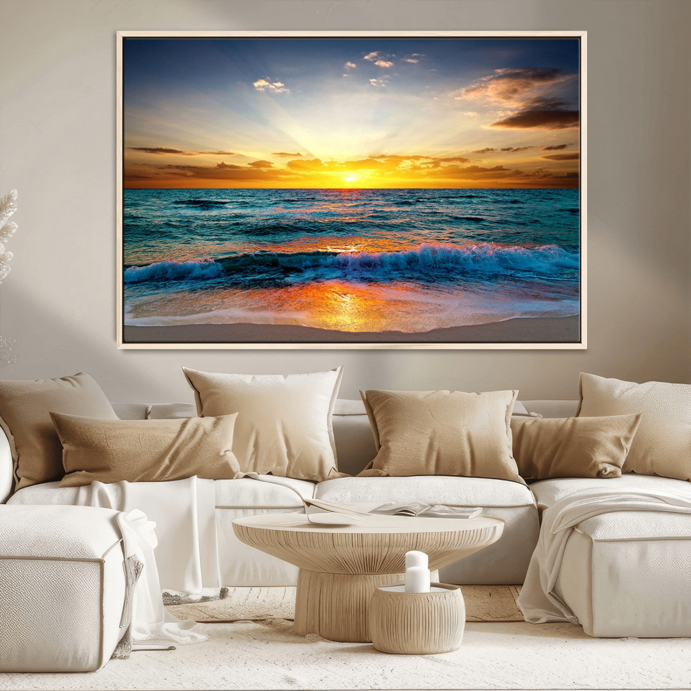 50627-MGV-CV-36X24-Ocean Sunset Wall Art – Serene Beach Canvas Print with Waves and Golden Sky, Coastal Decor for Living Room or Office