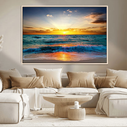 50627-MGV-CV-36X24-Ocean Sunset Wall Art – Serene Beach Canvas Print with Waves and Golden Sky, Coastal Decor for Living Room or Office