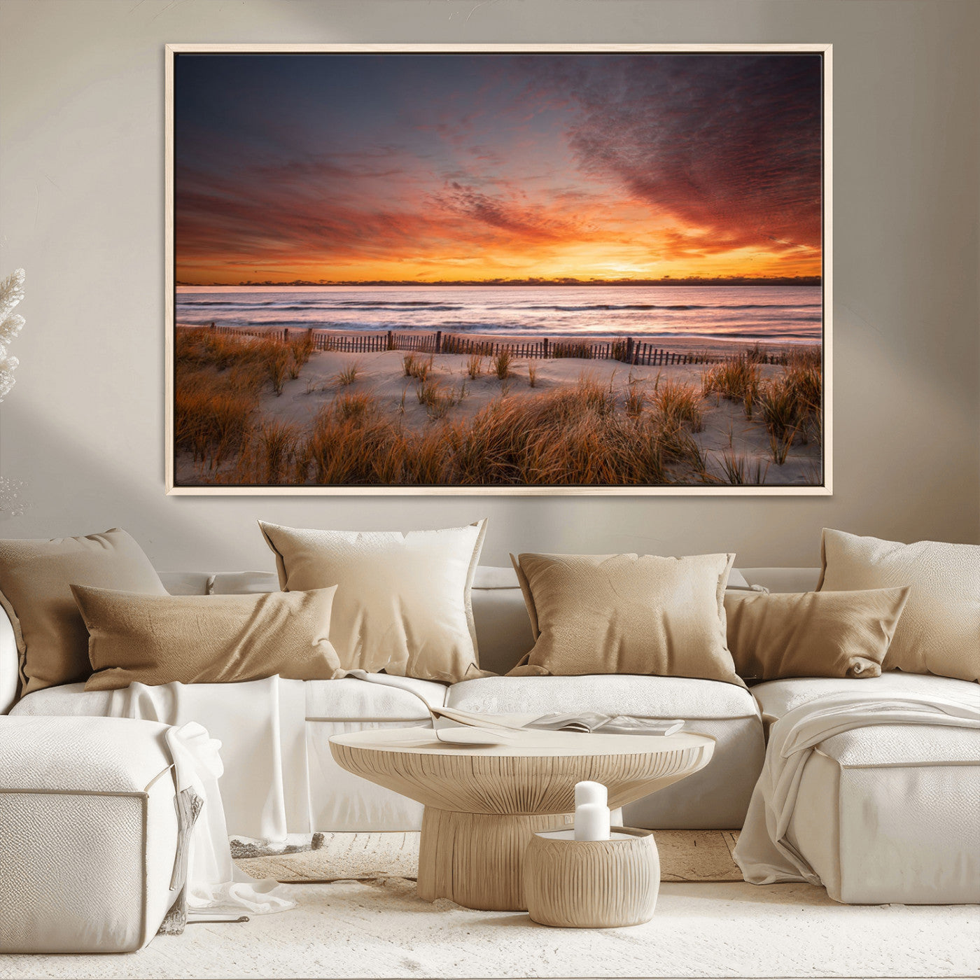 90176-MGV-CV-36X24-Beach Sunset Wall Art – Coastal Sand Dune Canvas Print with Ocean Waves and Dramatic Sky, Seaside Landscape Decor for Living Room