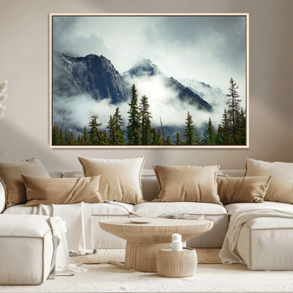 93219-MGV-CV-36X24-Misty Mountain Wall Art – Foggy Pines and Rocky Peaks Canvas Print, Nature Landscape Decor for Living Room, Office or Bedroom