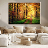 73494-MGV-CV-36X24-Golden Autumn Forest Path Wall Art – Sunlit Woodland Canvas Print, Fall Nature Landscape Home Decoration
