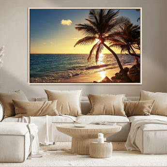 82710-MGV-CV-36X24-Palm Tree Sunset Beach Wall Art – Tropical Ocean Canvas Print, Coastal Paradise Seascape Decor for Living Room or Office Wall
