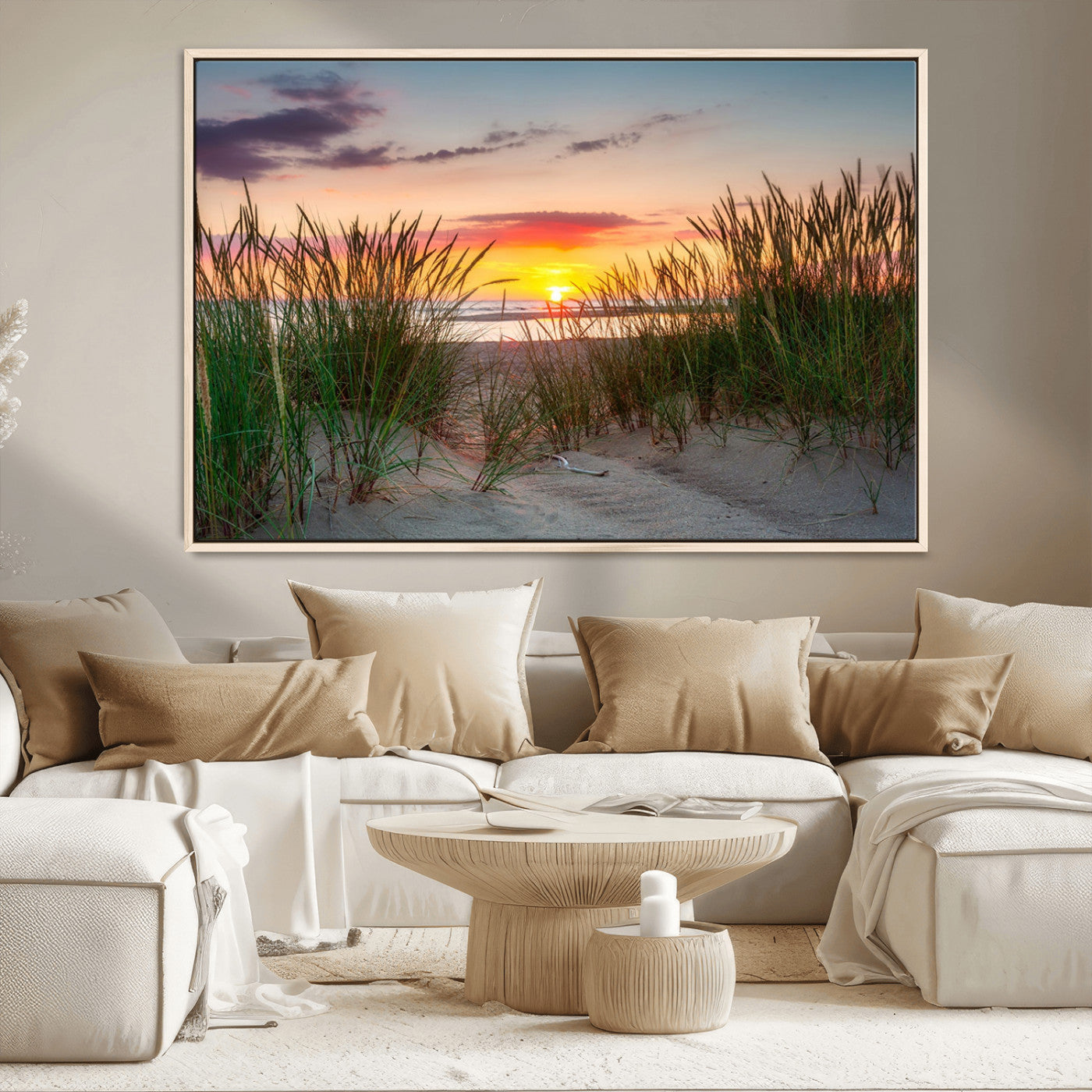 25576-MGV-CV-36X24-Beach Grass Sunset Wall Art – Coastal Sand Dune Landscape Canvas Print, Ocean View Nature Decor for Living Room or Office Wall