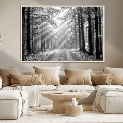39665-MGV-CV-36X24-Black and White Forest Path Wall Art – Sunlight Rays in Trees Canvas Print, Nature Landscape Decor for Living Room