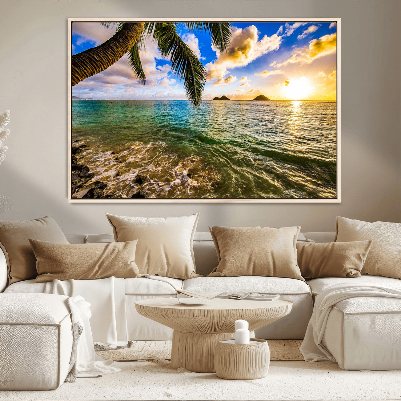 68606-MGV-CV-36X24-Tropical Palm Tree Ocean Wall Art – Sunset Beach Seascape Print, Coastal Paradise Decor for Living Room or Office