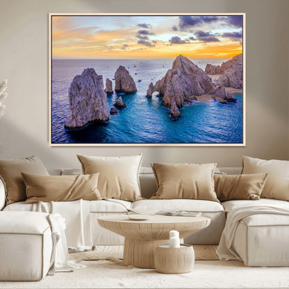 72955-MGV-CV-36X24-Ocean Rock Formation Wall Art – Sunset Coastal Seascape Print, Beach Landscape Decor for Living Room or Office