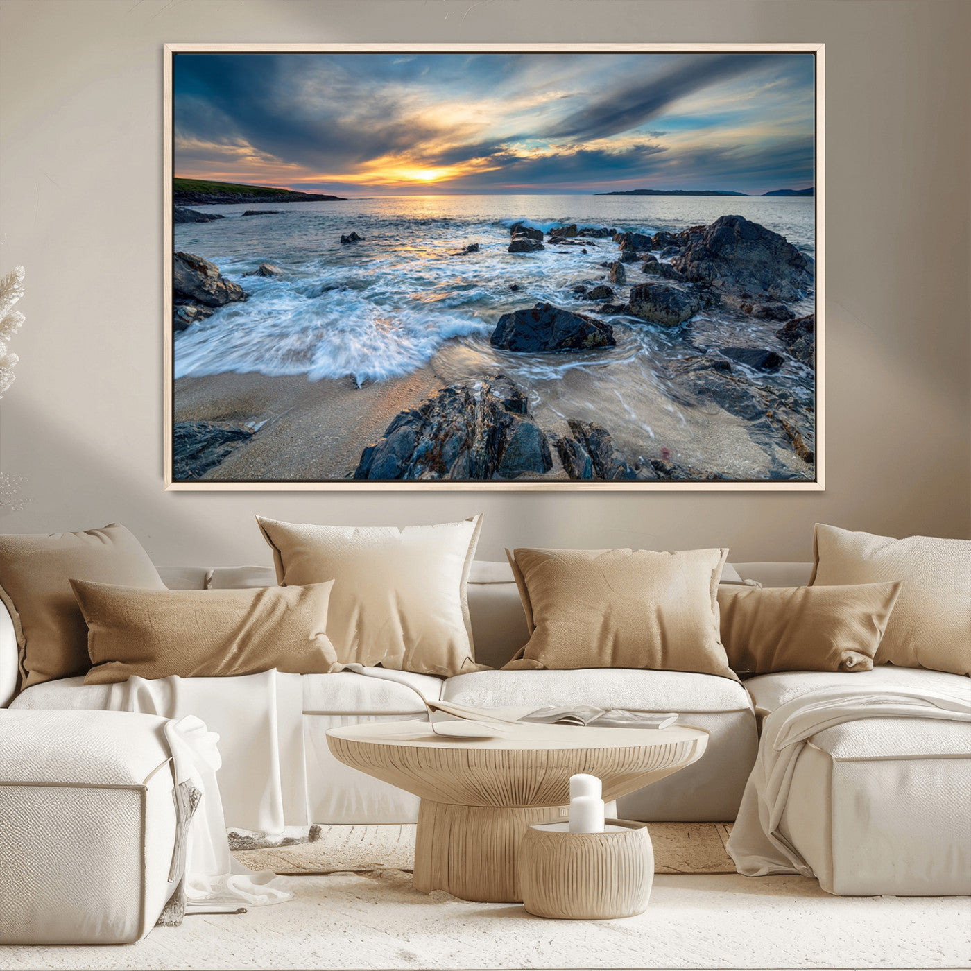 17902-MGV-CV-36X24-Rocky Shore Ocean Sunset Wall Art – Coastal Seascape Canvas Print, Nature Beach Decor for Living Room or Office