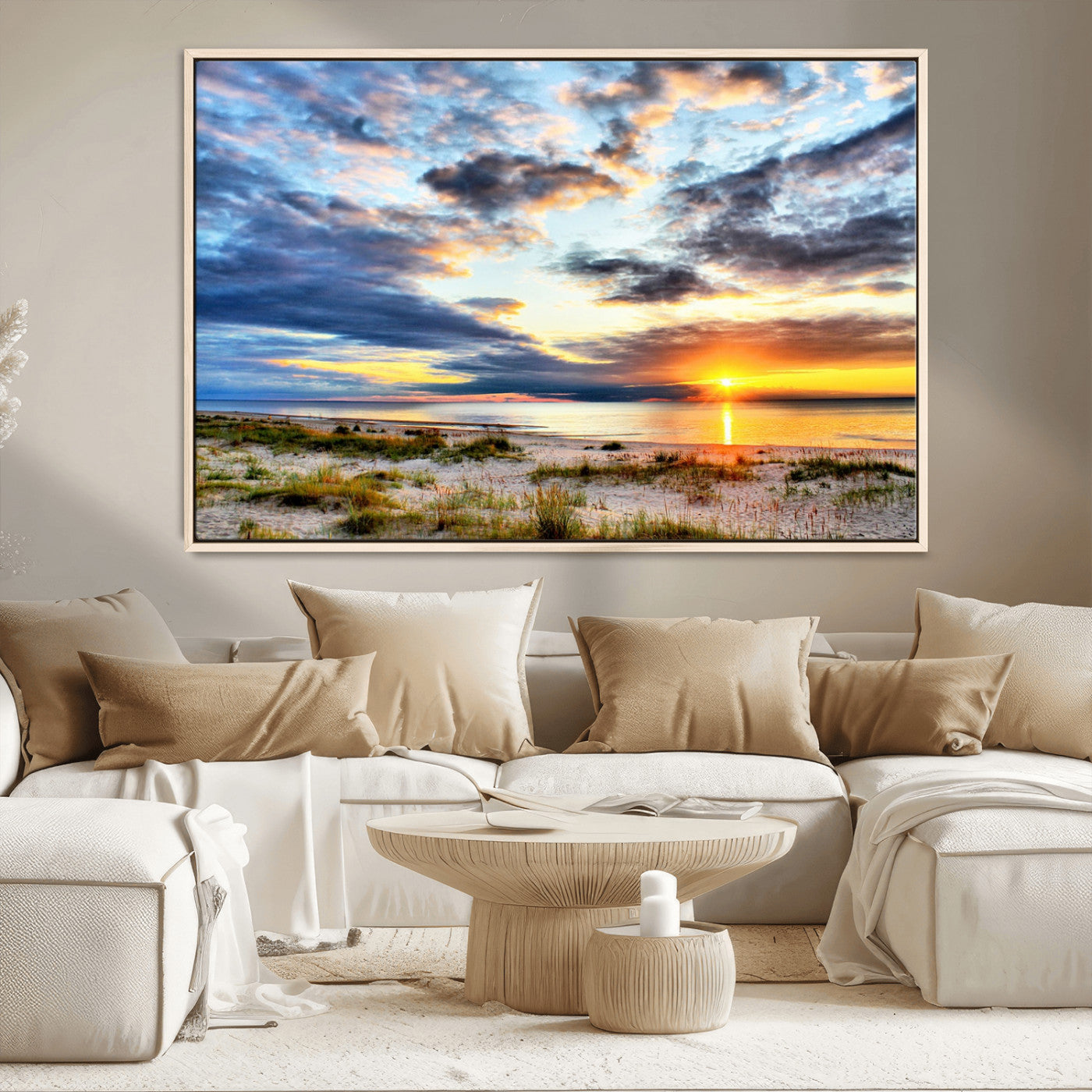 39645-MGV-CV-36X24-Golden Beach Sunset Wall Art – Serene Ocean Horizon Canvas Print, Coastal Nature Landscape Decor for Living Room, Bedroom or