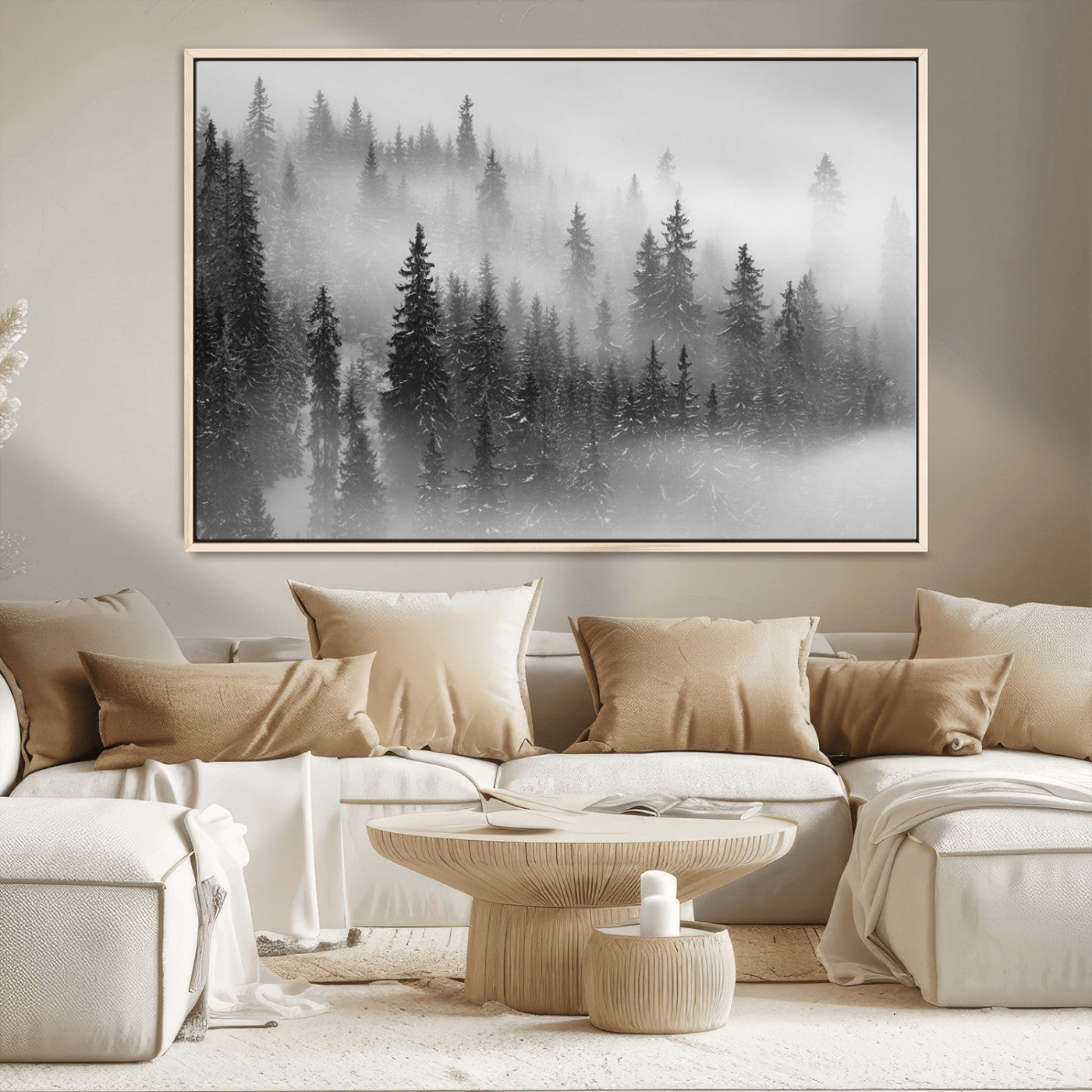 57235-MGV-CV-36X24-Misty Pine Forest Wall Art – Black and White Mountain Landscape Canvas Print, Nature Woodland Decor for Living Room, Bedroom or