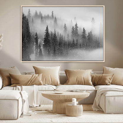 57235-MGV-CV-36X24-Misty Pine Forest Wall Art – Black and White Mountain Landscape Canvas Print, Nature Woodland Decor for Living Room, Bedroom or