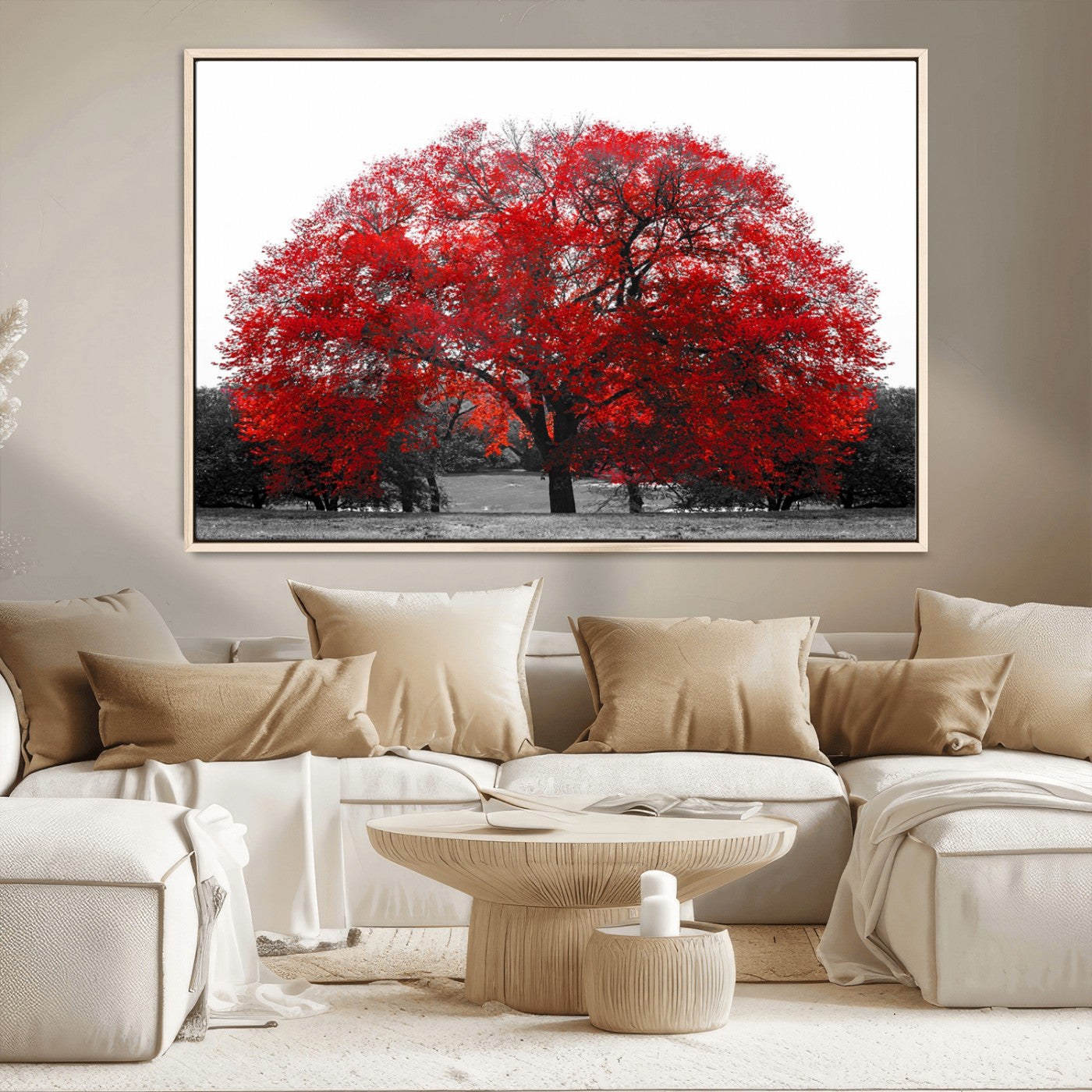 80021-MGV-CV-36X24-Red Tree Wall Art – Striking Black and White Landscape Canvas Print with Vibrant Red Leaves, Modern Nature Decor for Living Room