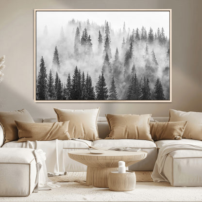 10422-MGV-CV-36X24-Misty Pine Forest Wall Art – Black and White Foggy Landscape Canvas Print, Serene Nature Woodland Decor for Bedroom, Office or