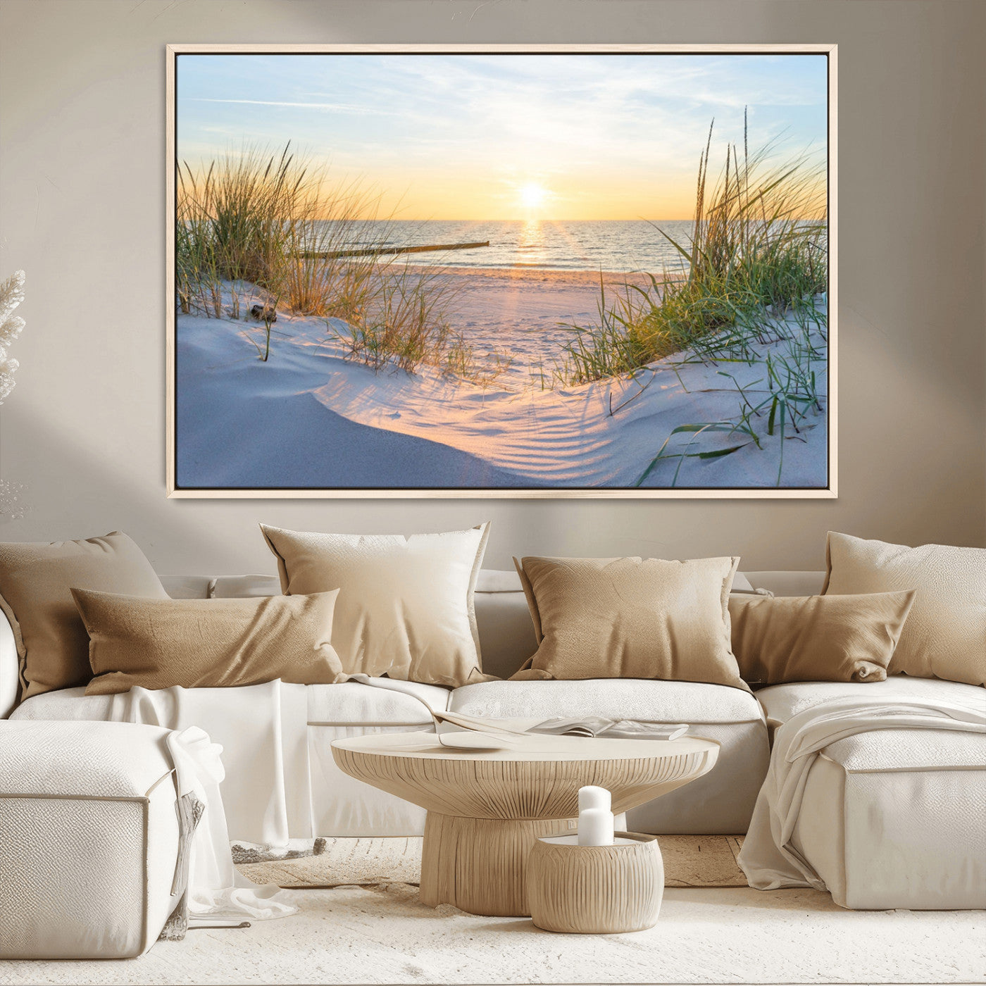 48907-MGV-CV-36X24-Beach Sunset Wall Art – Coastal Sand Dunes and Ocean View Canvas Print, Serene Seaside Landscape Painting for Living Room, Bedroom