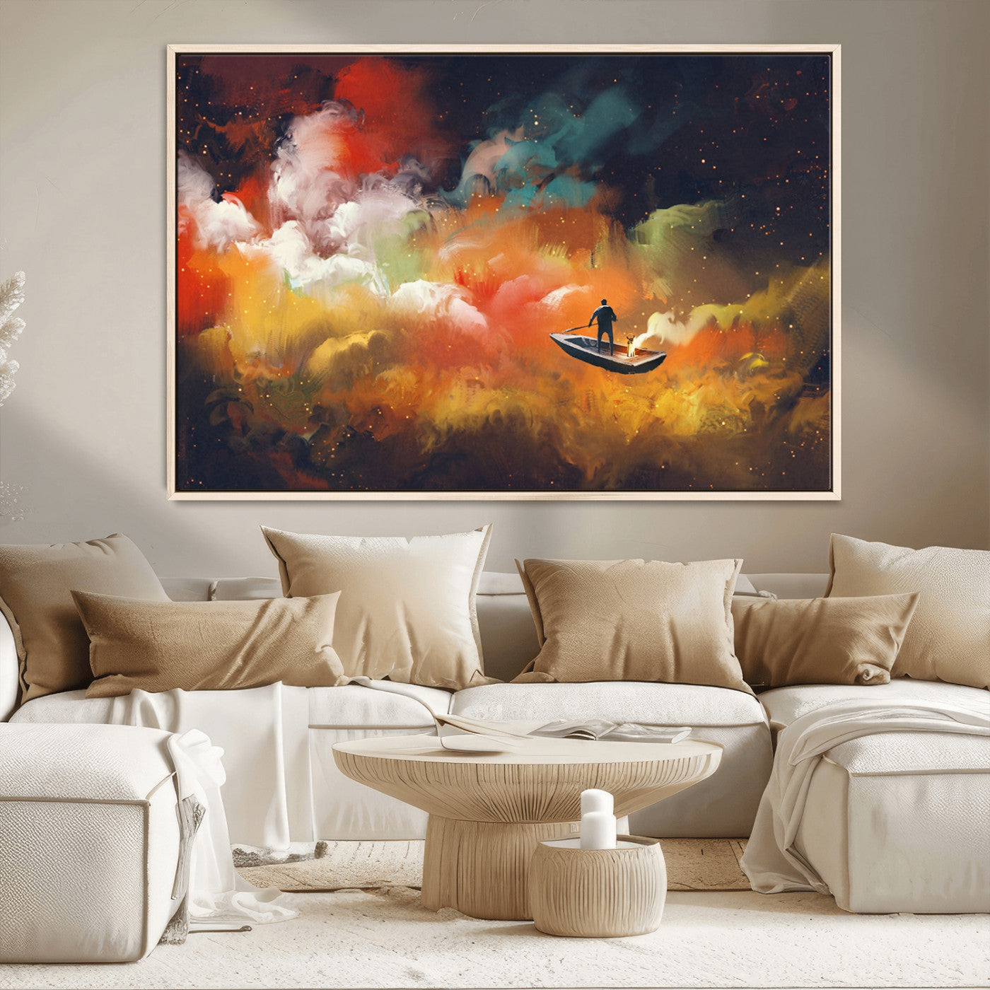 45085-MGV-FC-36X24_Natural-Surreal Cosmic Wall Art – Abstract Galaxy Dreamscape Canvas Print with Man and Dog in Boat, Fantasy Nebula Painting for Living