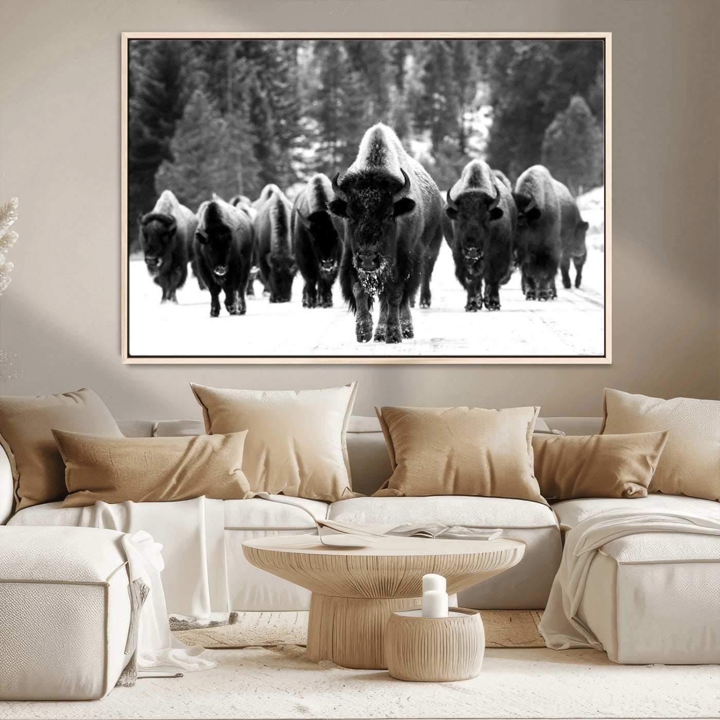 62434-MGV-CV-36X24-Bison Herd Wall Art – Majestic Black and White Buffalo Canvas Print, Wildlife Nature Photography Decor for Living Room, Office or