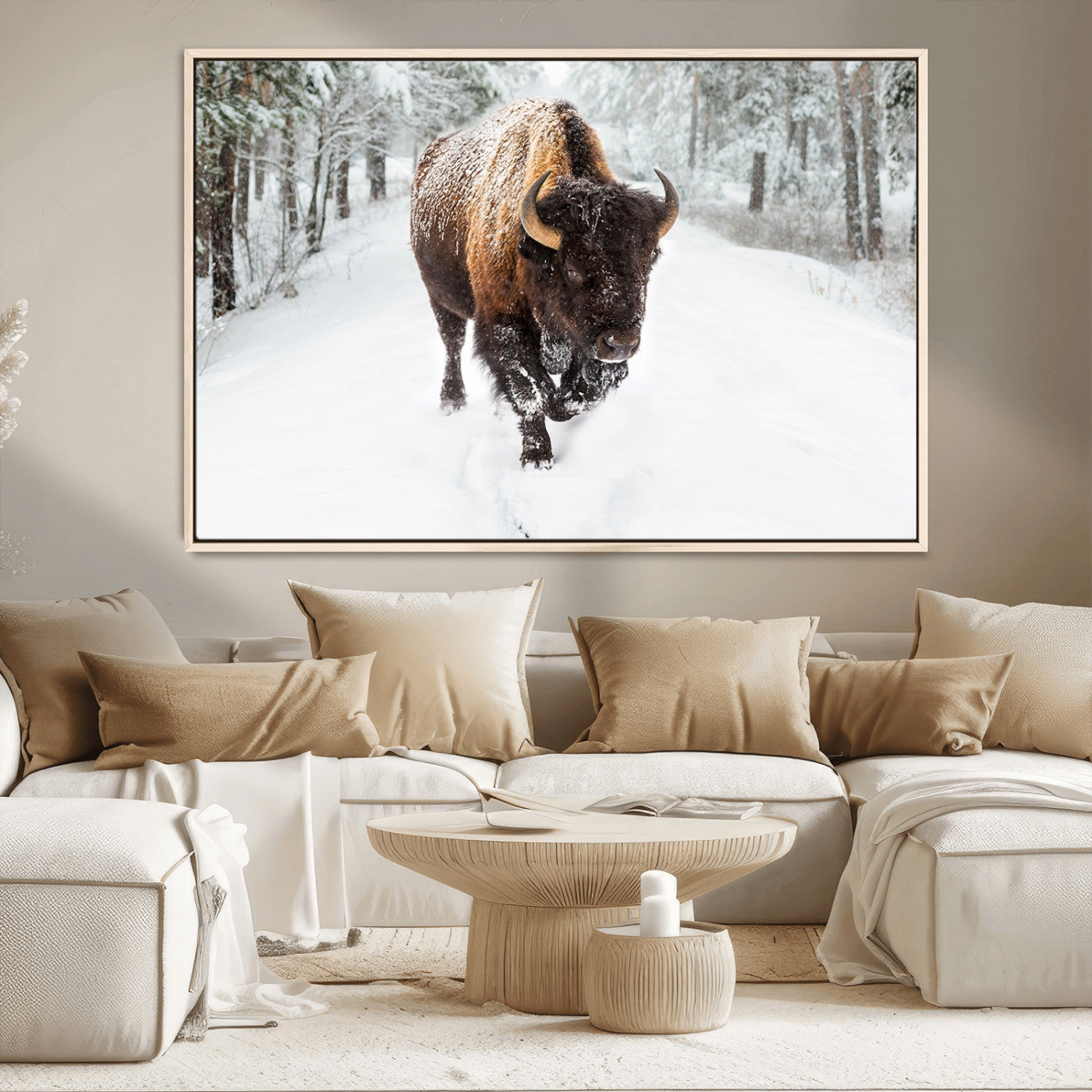 84699-MGV-CV-36X24-Bison in Winter Wall Art – Majestic Buffalo Canvas Print with Snowy Forest Landscape, Rustic Wildlife Artwork for Cabin, Living