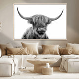 10123-MGV-CV-36X24-Black and White Highland Cow Wall Art – Modern Farmhouse Animal Print, Rustic Scottish Bull Canvas Decor for Living Room, Bedroom,