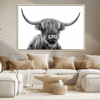 10123-MGV-CV-36X24-Black and White Highland Cow Wall Art – Modern Farmhouse Animal Print, Rustic Scottish Bull Canvas Decor for Living Room, Bedroom,
