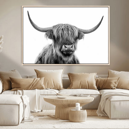 10123-MGV-CV-36X24-Black and White Highland Cow Wall Art – Modern Farmhouse Animal Print, Rustic Scottish Bull Canvas Decor for Living Room, Bedroom,