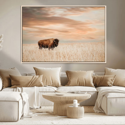 99699-MGV-CV-36X24-Bison in Prairie at Sunset – Wildlife Photography Print, American Buffalo Wall Art, Nature Landscape Canvas Decor for Office