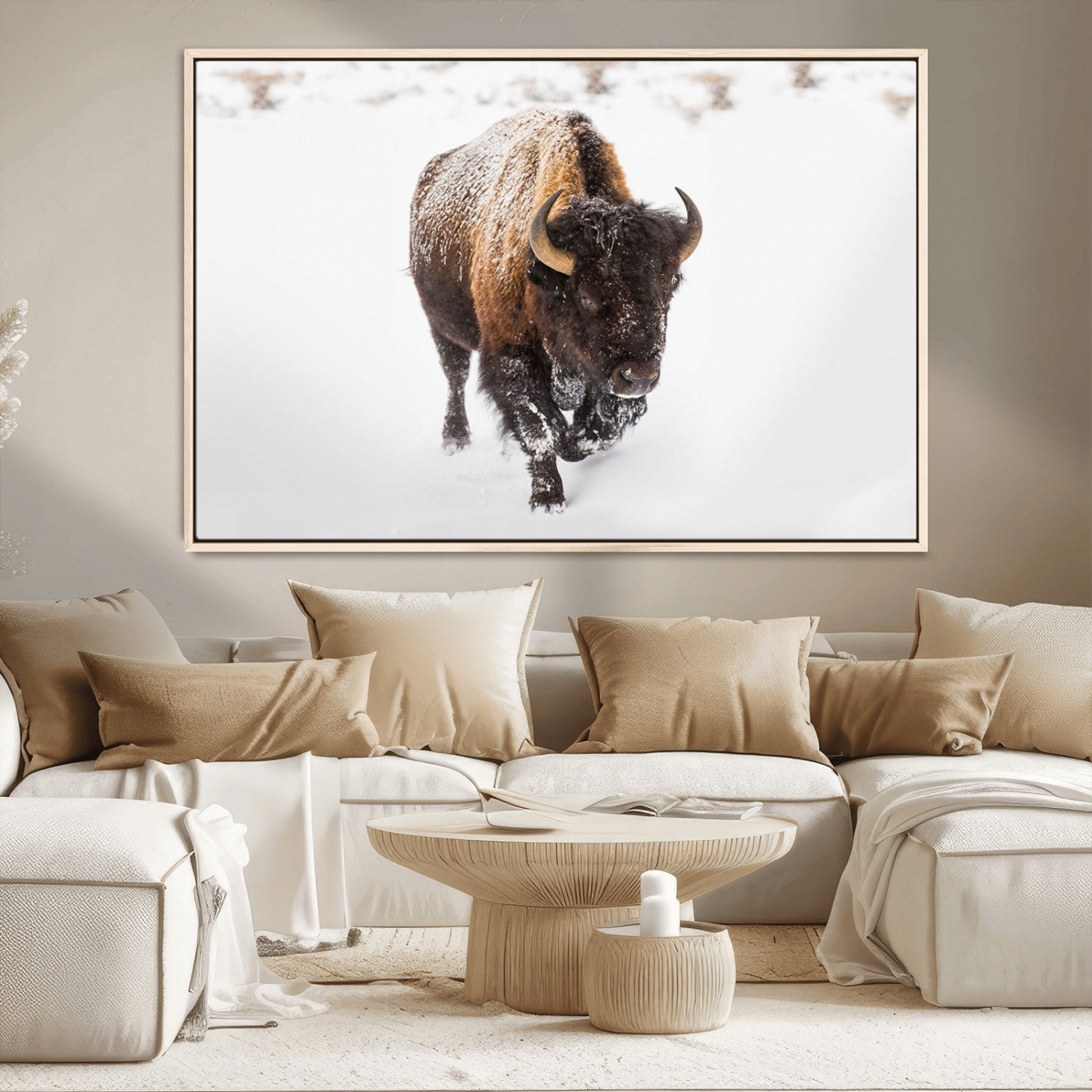 19889-MGV-CV-36X24-Snow Bison Wall Art – Majestic Buffalo Winter Landscape Canvas Print, Rustic Wildlife Photography Decor for Cabin, Lodge, Living