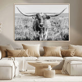 77320-MGV-CV-36X24-Texas Longhorn Wall Art – Black and White Western Cattle Canvas Print, Rustic Farmhouse Animal Photography Decor for Living Room,