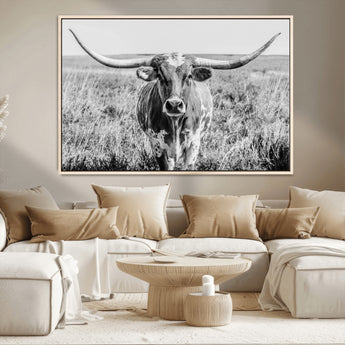 77320-MGV-CV-36X24-Texas Longhorn Wall Art – Black and White Western Cattle Canvas Print, Rustic Farmhouse Animal Photography Decor for Living Room,