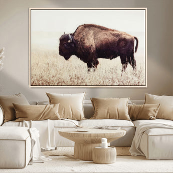 48406-MGV-CV-36X24-American Bison Wall Art – Rustic Buffalo Canvas Print in Prairie Field, Western Wildlife Photography Decor for Cabin, Lodge,