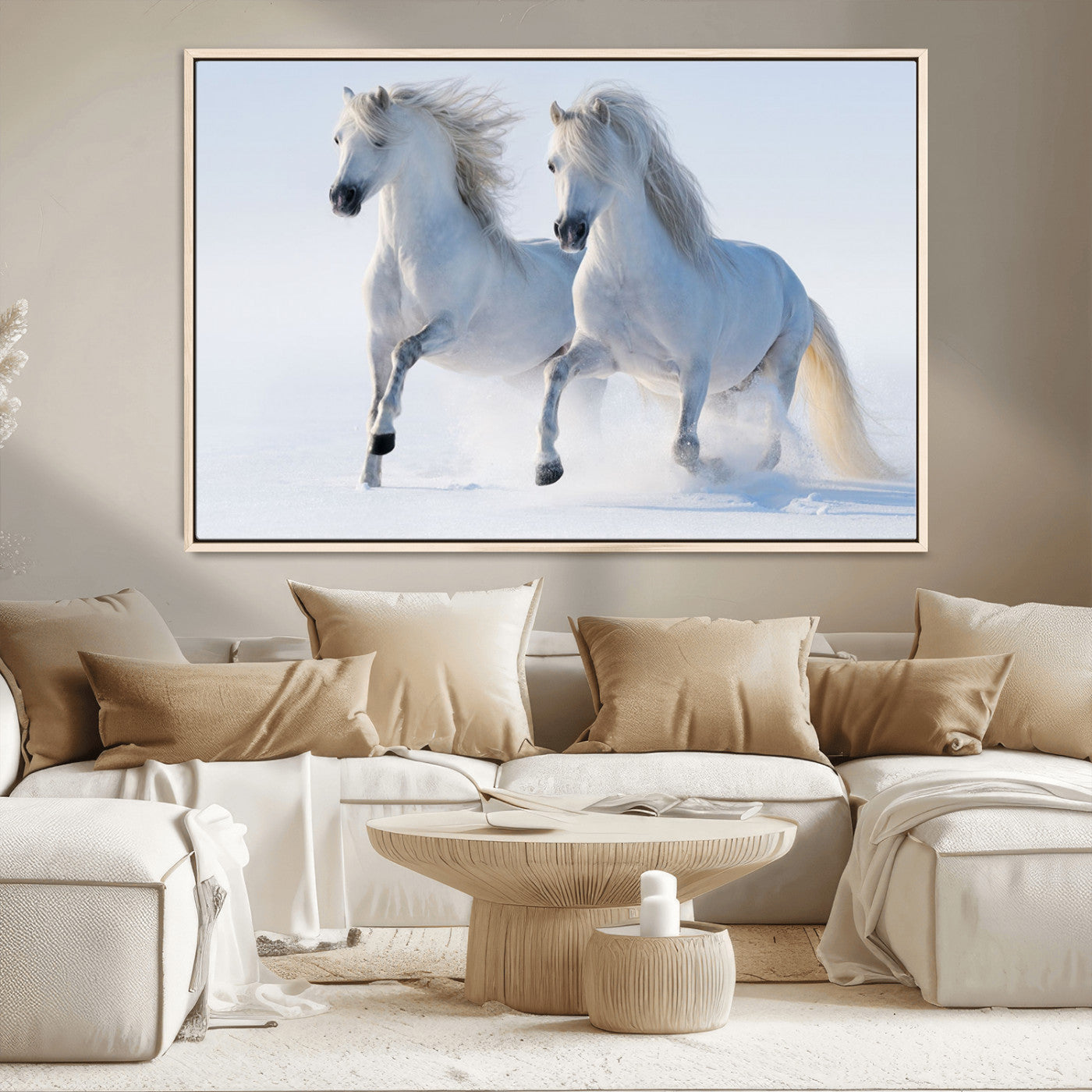80145-MGV-CV-36X24-White Horses Running Snow Wall Art – Majestic Equine Canvas Print, Winter Nature Photography Decor for Living Room, Office,