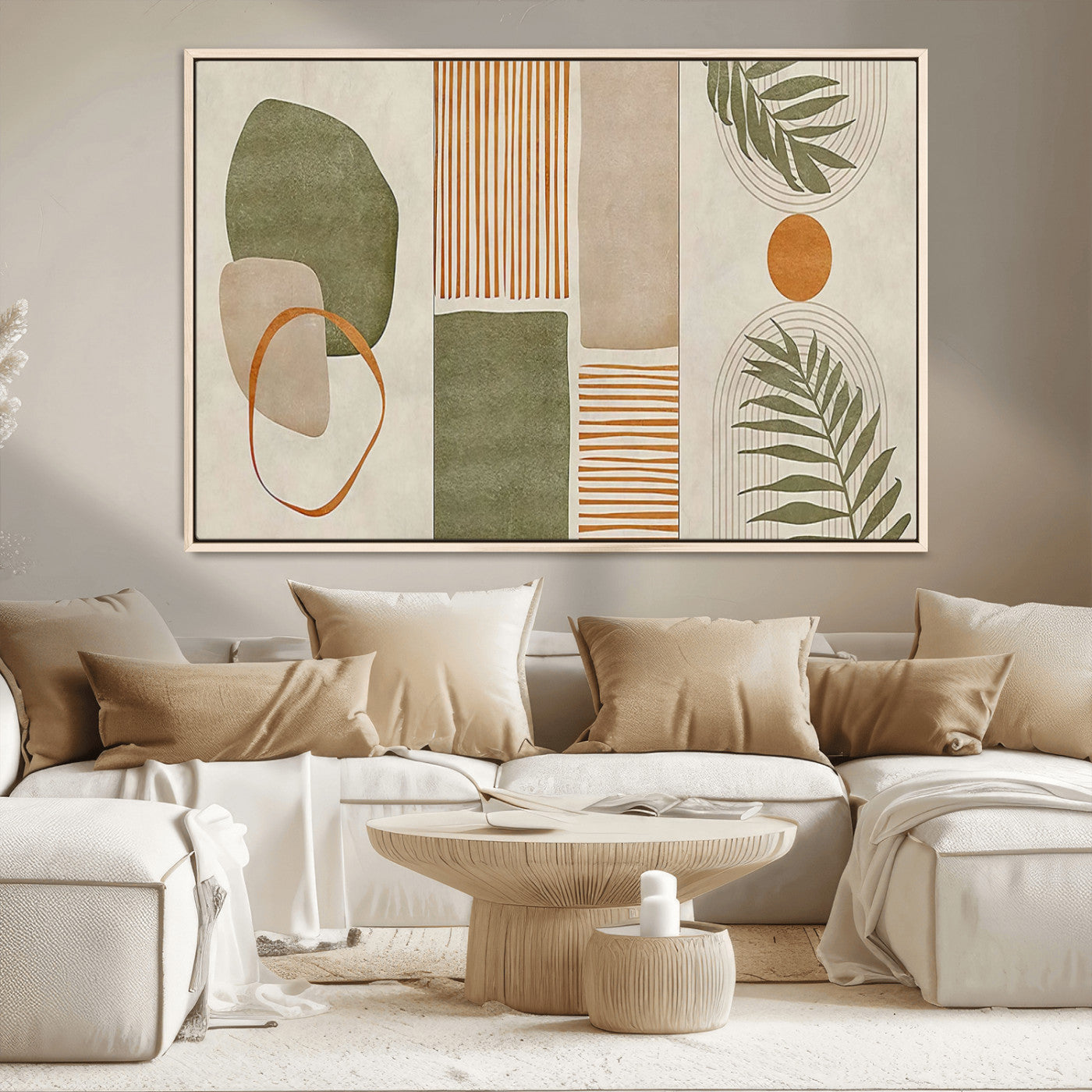 96002-MGV-CV-36X24-Abstract Geometric Wall Art – Modern Canvas Print with Green, Orange & Beige Shapes, Minimalist Home Decor for Living Room, Office