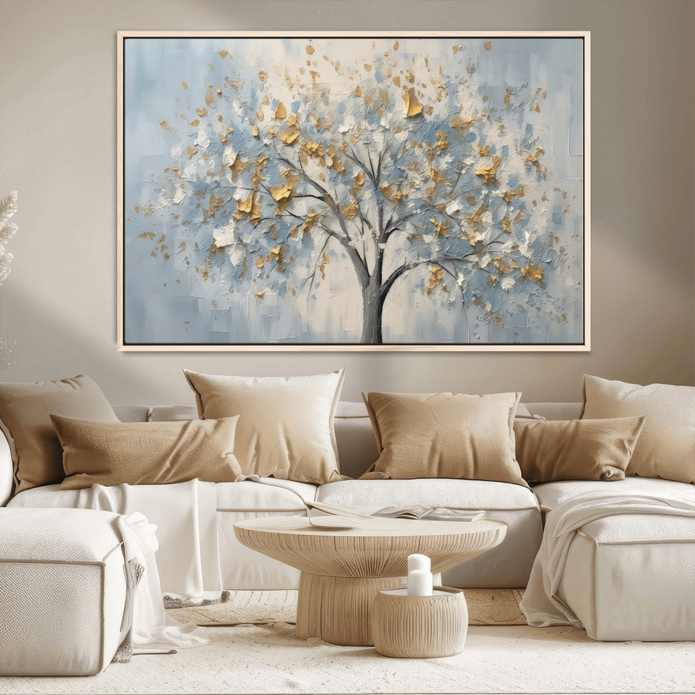 65811-MGV-CV-36X24-Abstract Tree Wall Art – Textured Canvas Painting with Gold and White Leaves, Modern Nature Inspired Decor for Living Room or