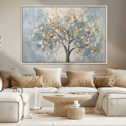 65811-MGV-CV-36X24-Abstract Tree Wall Art – Textured Canvas Painting with Gold and White Leaves, Modern Nature Inspired Decor for Living Room or