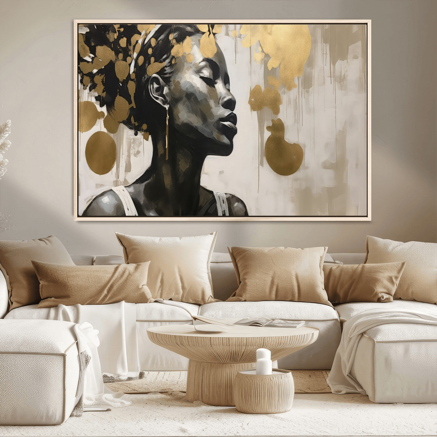 65669-MGV-CV-36X24-Elegant Black Woman Wall Art – Modern Abstract Portrait Canvas with Gold Accents, Contemporary Afrocentric Decor for Living Room