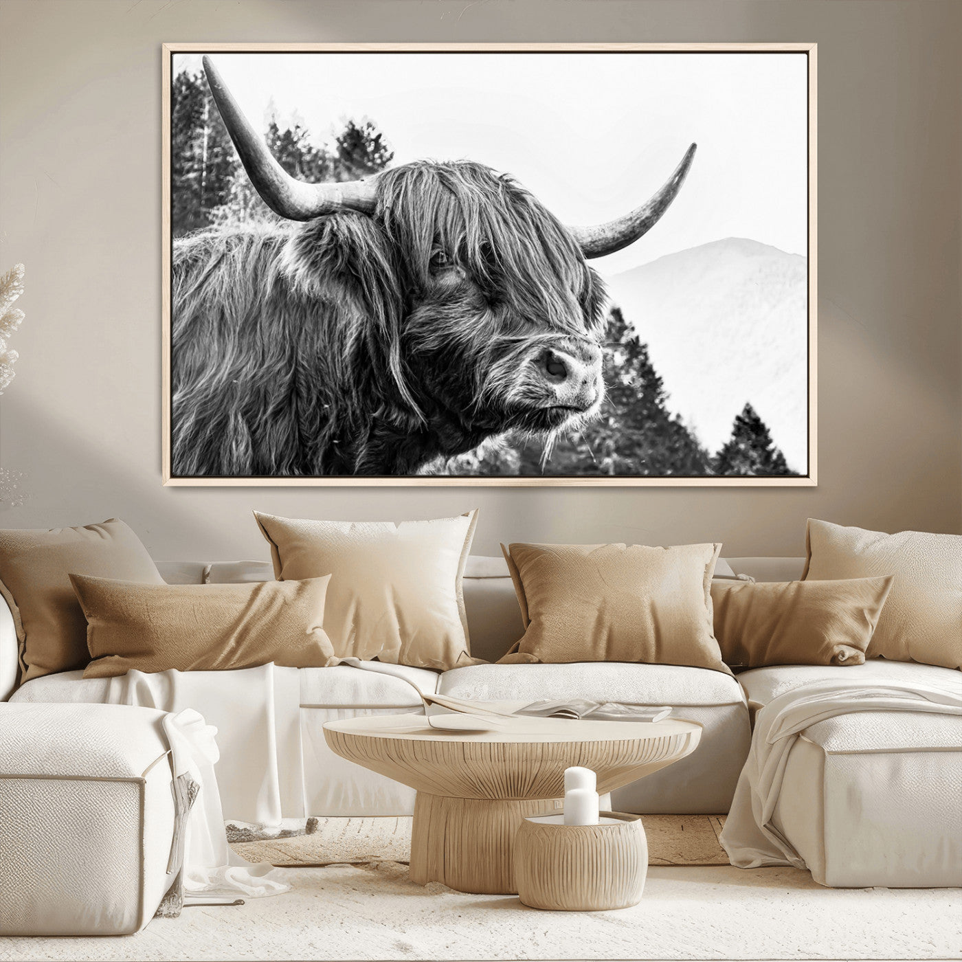 61570-MGV-CV-36X24-Highland Cow Wall Art – Black and White Scottish Bull Canvas Print, Rustic Farmhouse Animal Decor for Living Room, Bedroom, or