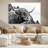 61570-MGV-CV-36X24-Highland Cow Wall Art – Black and White Scottish Bull Canvas Print, Rustic Farmhouse Animal Decor for Living Room, Bedroom, or