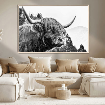 61570-MGV-CV-36X24-Highland Cow Wall Art – Black and White Scottish Bull Canvas Print, Rustic Farmhouse Animal Decor for Living Room, Bedroom, or