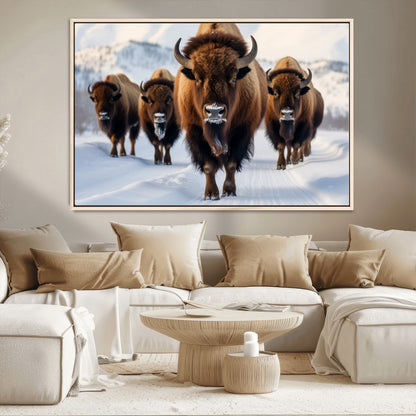 56701-MGV-CV-36X24-Bison Herd Wall Art – Buffalo Walking in Snowy Mountains Canvas Print, Rustic Wildlife Decor for Cabin, Lodge, or Living Room
